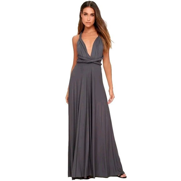 Lulus Tricks of the Trade Convertible Wrap Maxi Dress Medium Dark Gray Halter - Picture 3 of 16